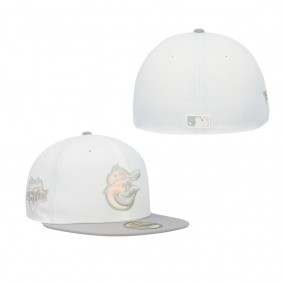 Men's Baltimore Orioles White Gray 60th Anniversary Patch Side Patch Peach Undervisor 59FIFTY Fitted Hat