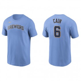 Men's Milwaukee Brewers Lorenzo Cain Light Blue Name & Number Nike T-Shirt