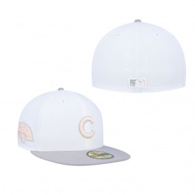 Men's Chicago Cubs White Gray Wrigley Field Side Patch Peach Undervisor 59FIFTY Fitted Hat