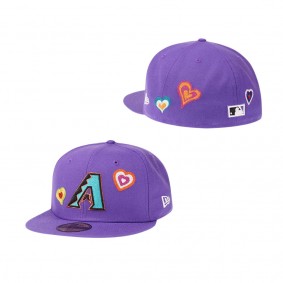 Cooperstown Arizona Diamondbacks All Over Embroidered Chain Stitch Heart Pink Bottom 59FIFTY Fitted Hat Purple