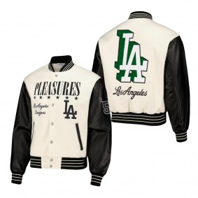 Men's Los Angeles Dodgers PLEASURES White Full-Snap Varsity Jacket
