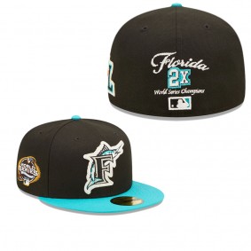 Men's Florida Marlins Black Teal 2003 World Series Champions Letterman 59FIFTY Fitted Hat