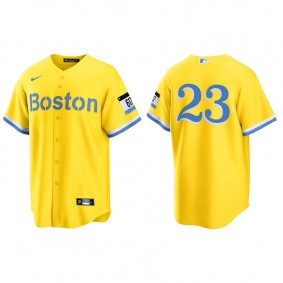 Men's Boston Red Sox Travis Shaw Gold Light Blue 2021 City Connect Replica Jersey