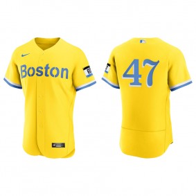 Men's Boston Red Sox Yolmer Sanchez Gold Light Blue 2021 City Connect Authentic Jersey