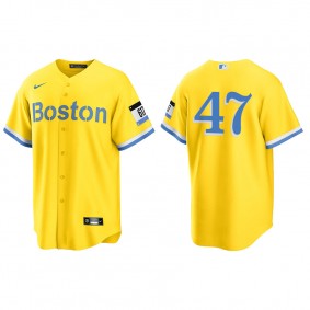 Men's Boston Red Sox Yolmer Sanchez Gold Light Blue 2021 City Connect Replica Jersey