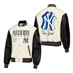 Men's New York Yankees PLEASURES White Full-Snap Varsity Jacket