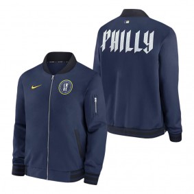 Men's Philadelphia Phillies Navy 2024 City Connect Authentic Collection Game Time Full-Zip Bomber Jacket