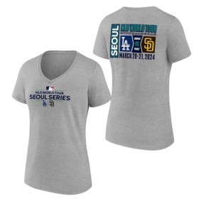 Women's San Diego Padres vs. Los Angeles Dodgers Gray 2024 MLB World Tour Seoul Series Matchup V-Neck T-Shirt