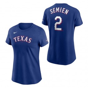 Women's Texas Rangers Marcus Semien Nike Royal 2023 World Series Champions Name & Number T-Shirt
