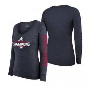 Women's Atlanta Braves Navy 2021 World Series Champions Two-Hit Tri-Blend Long Sleeve Scoop Neck T-Shirt