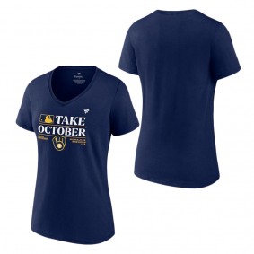 Women's Milwaukee Brewers Fanatics Branded Navy 2023 Postseason Locker Room V-Neck T-Shirt