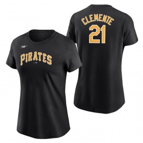 Women's Pittsburgh Pirates Roberto Clemente Black Cooperstown Collection Name & Number T-Shirt