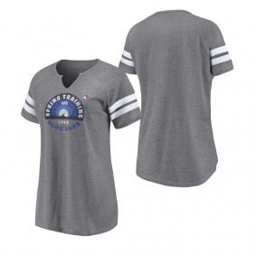 Women's Toronto Blue Jays Fanatics Branded Heathered Gray 2022 MLB Spring Training Grapefruit League Spring Retro Raglan Tri-Blend Notch Neck T-Shirt