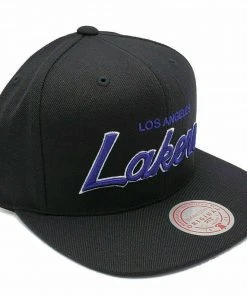 Los Angeles Lakers LA Mitchell & Ness NBA Snapback Hat Script Logo Cap Black