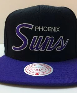 Phoenix Suns Mitchell & Ness NBA Snapback Hat Script Logo Cap Black Hardwood