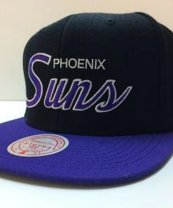 Phoenix Suns Mitchell & Ness NBA Snapback Hat Script Logo Cap Black Hardwood