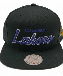 Los Angeles Lakers LA Mitchell & Ness NBA Snapback Hat Script Logo Cap Black