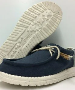 Hey Dude Wally Linen Natural Navy Casual Lightweight Comfort Slip On Men's Shoes Hey Dude Shoes