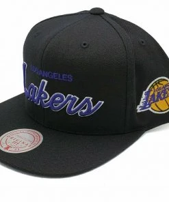 Los Angeles Lakers LA Mitchell & Ness NBA Snapback Hat Script Logo Cap Black